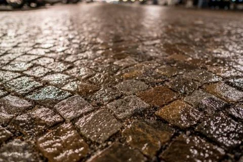 Wet cobblestone urban pavement at night Stock Photos