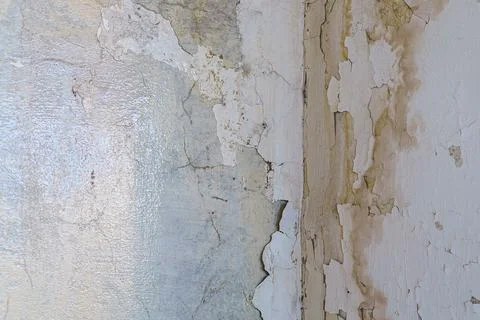 Wet corner of a wall with plaster with cracks and dampness Stock Photos