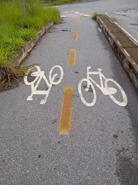 "Wet cycle path after rain with lateral vegetation" Stock Photos