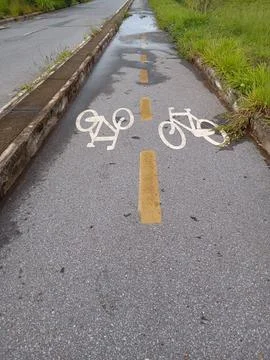 "Wet cycle path after rain with lateral vegetation" Stock Photos