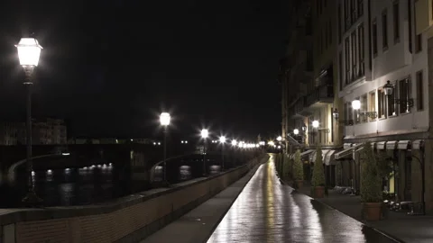 Wet empty road illuminated by lampposts in the night, 4K, DNxHR Stock Footage 156330190