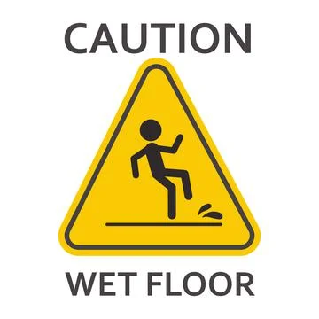 Wet floor caution warning triangle sign, yellow symbol with text Caution and Wet Stock Illustration