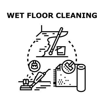 Wet floor cleaning process with various tools concept Stock Illustration