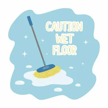 Wet mop in puddle. Caution wet floor. Vector illustration. Stock Illustration