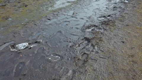 Wet Muddy Trail Covered With Deep Footprints And Puddles After Rain 스톡 동영상 330304471