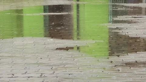 Wet pavement puddle with green reflection, rainy day texture video. Stock Footage 327228612