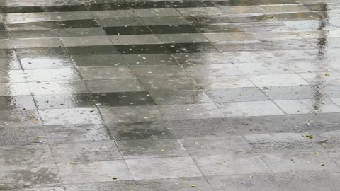 Wet pavement tiles under heavy rain with reflections and raindrops creating Vidéo 317439629