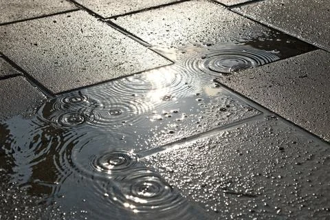 Wet Paving Slabs with Sunlight Reflection and Water Drops Stock Photos