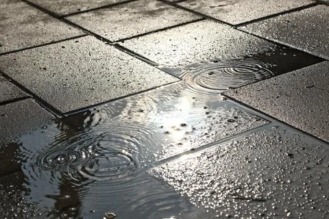 Wet Paving Slabs with Sunlight Reflection and Water Drops Stock Photos