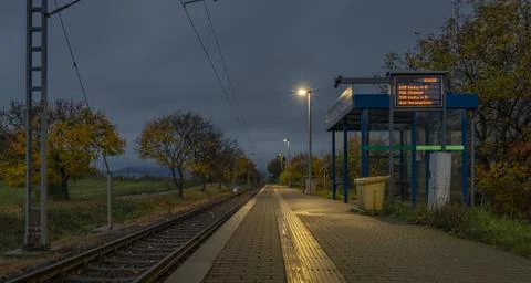 Wet platform in cold autumn morning in Vikyrovice Lesni station CZ 11 05 2023 Stock Photos