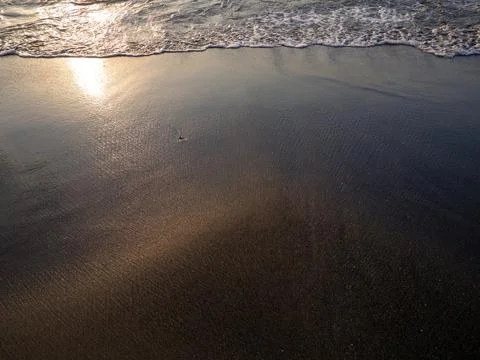 Wet sand of the beach in the rays of the setting sun. The silence of the wild Stock Photos