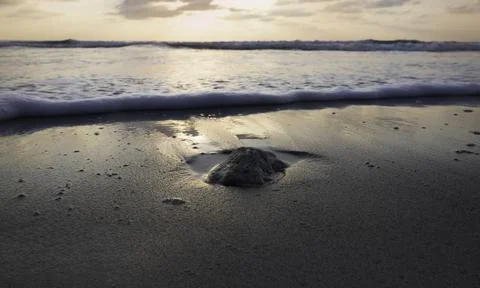 Wet sand ground floor and blurred sea wave on the beach,Silhouette style, Stockfoto's