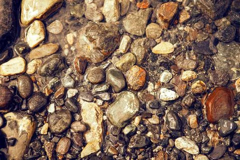 Wet stones in the river, close up. Multicolored rocks in water. Stock Photos