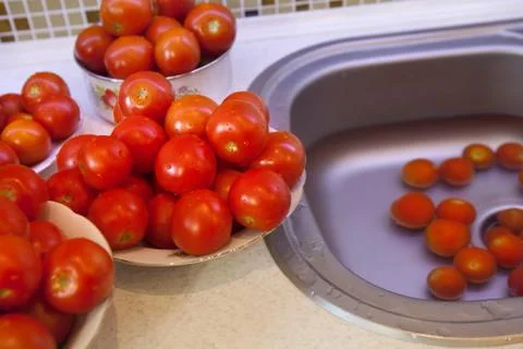 Wet tomatoes for pasteurization Stock Photos