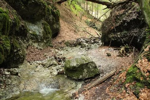 A wet trail running through streams in the Slovak Paradise National Park Stock Photos