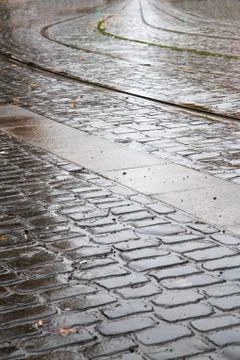 Wet trolley tracks Stock Photos