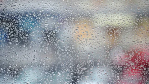 Wet window surface after heavy raining, droplets on window glass Stock Footage 162763603