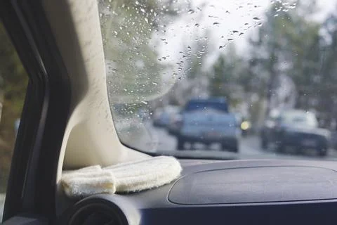 Wet Windshield View From Car Interior Stock Photos
