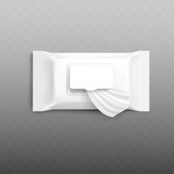 Wet wipes packaging mockup with open flap showing single napkin wipe. Stock Illustration