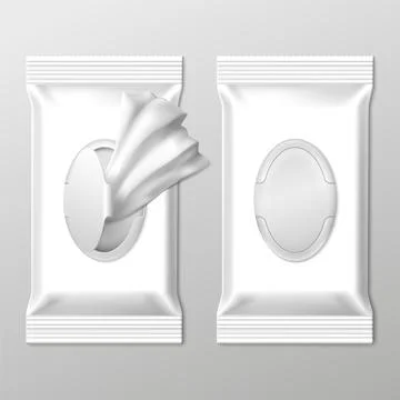 Wet wipes packing. Empty packaging sticks with white wrap for napkin. White.. Stock Illustration