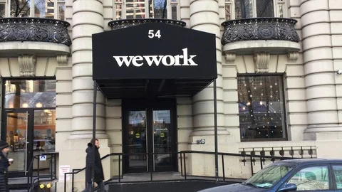 WeWork is American company shared workspace, community, for entrepreneurs, Stock Footage