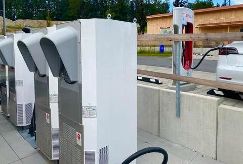 Weyarn, Germany - August 16, 2019: Tesla electric car charging station with Stock Photos