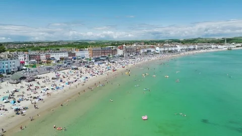 Weymouth Beachat summer from a drone, Esplanade, Weymouth, Dorset, England Stock Footage 280443464