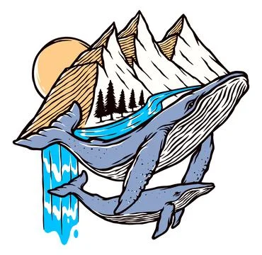 Whale and mountain vector illustration hand drawn Stock Illustration