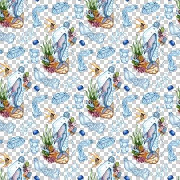 Whale and plastic trash pattern watercolor 스톡 일러스트