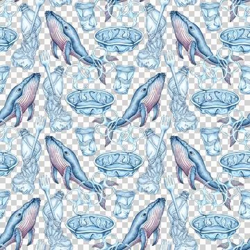 Whale and plastic trash pattern watercolor Illustrazione stock
