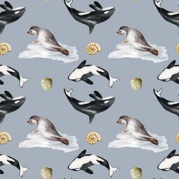 Whale and seal pattern design featuring oceanic life on a light blue backgrou Stock Illustration
