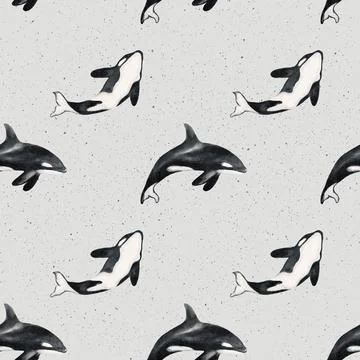 Whale and seal pattern design featuring orcas on a textured background Illustrazione stock