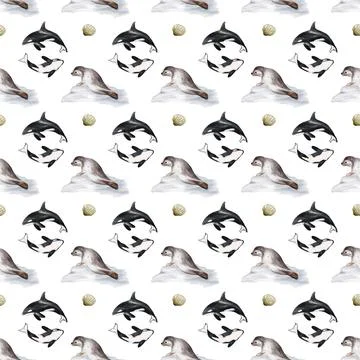 Whale and seal patterned textile featuring a seamless design on a white bac.. Stock Illustration