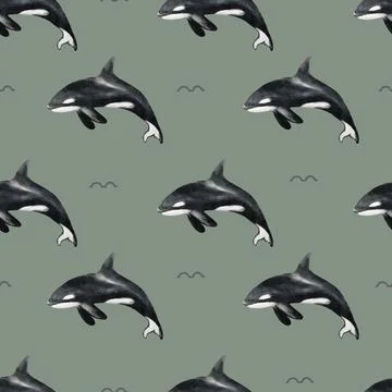 Whale and seal print pattern featuring orcas against a soothing green backdro Stock Illustration