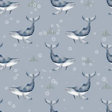 Whale and seal seamless pattern design in soft blue tones for textile use Stock Illustration