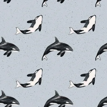 Whale and seal seamless pattern design in soft grey fabric print Stock Illustration