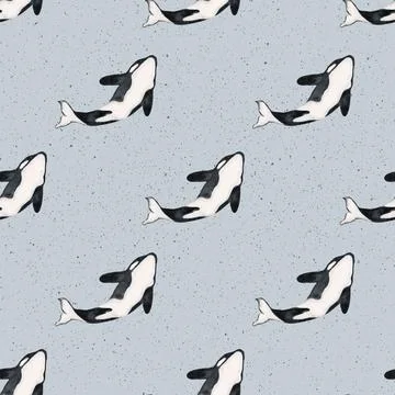 Whale and seal seamless pattern design in soft blue and black tones Stock Illustration