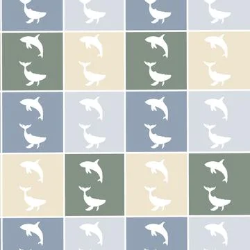 Whale and seal textile pattern design featuring tonal squares in soft colors Stock Illustration