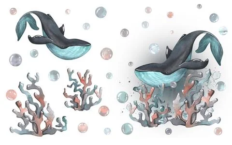 Whale with corals and water bubbles on the background of the ocean. Watercolor Stock Illustration