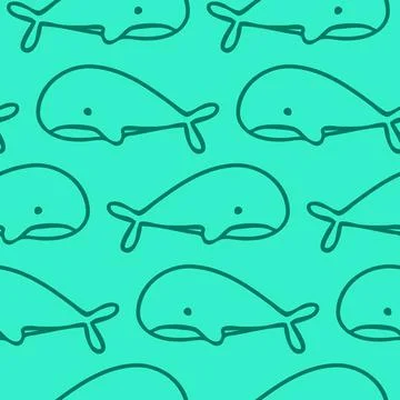 Whale fish seamless pattern against blue green background. Design for fabric, Stock Illustration