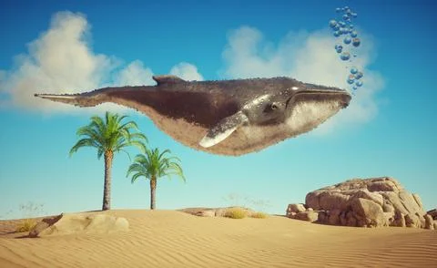Whale floating in the desert. Global warming and resilience concept. Stock Illustration