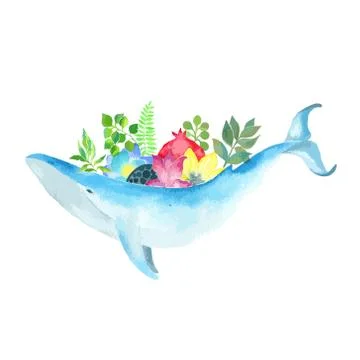 Whale with flowers on back. Stock Illustration