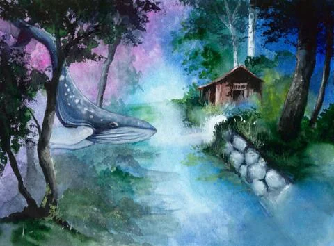 Whale in magic forest of green trees Stock Illustration
