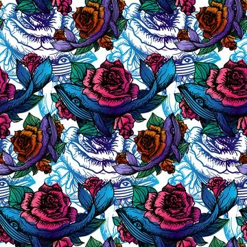 Whale in roses seamless pattern wallpaper vector Stock Illustration