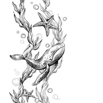 Whale, sea blue algae with leaves wriggling in wave with bubbles and coral Stock Illustration