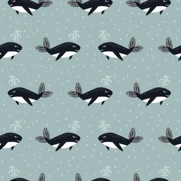 Whale seamless cute vector pattern. Cartoon style blue fun fish background. Illustrazione stock