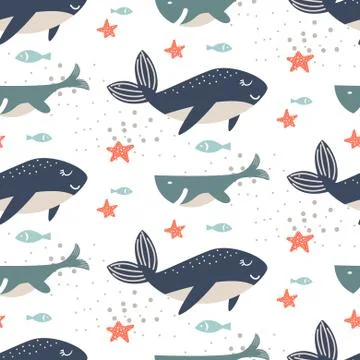 Whale seamless vector pattern. Cartoon style blue fun fish background. Illustrazione stock