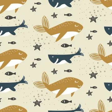 Whale seamless vector pattern. Cartoon style blue and yellow fun fish background Stock Illustration