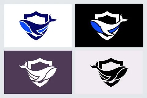 Whale Shield Logo Design Set Stock Illustration