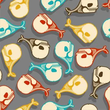 Whale skeleton pattern seamless cartoon. skull silhouette underwater animal b Stock Illustration